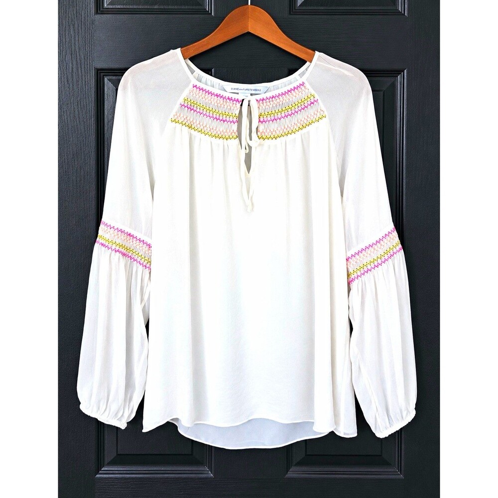 Diane von Furstenberg Ivory Silk Chiffon Peasant Tie-Neck Blouse Balloon 6